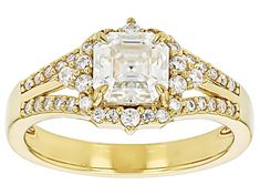 Moissanite Fire® 1.43ctw diamond equivalent weight asscher cut and round brilliant, 14k yellow gold over silver ring. Measures approximately 3/8" L x 1/16" W and is not sizeable. Actual moissanite weight is 1.24ctw. Asscher Cut Yellow Gold Diamond Ring, Gold Diamond Ring With Asscher Cut Center Stone, Yellow Gold Asscher Cut Diamond Ring With Halo Setting, Gold Asscher Cut Diamond Ring With Center Stone, Gold Octagon Diamond Ring With Center Stone, Yellow Gold Cubic Zirconia Diamond Ring, Asscher Cut, Yellow Gold Asscher Cut Ring With Diamond Accents, Asscher Cut Yellow Gold Ring With Diamond Accents, Gold Asscher Cut Wedding Ring With Diamond Accents