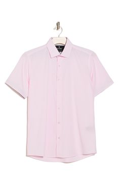 Tailored from four-way-stretch performance fabric, this button-up shirt with classic details and a slim fit makes a handsome wardrobe staple. 30" length (size 15 1/2) Front button closure Spread collar Short sleeves 93% polyester, 7% spandex Machine wash, line dry Imported Pink Button Up Shirt, Business Short Sleeve Shirt For Spring, Classic Slim Fit Elastane Tops, Solid Color Short Sleeve Dress Shirt For Spring, Solid Short Sleeve Dress Shirt For Spring, Solid Color Short Sleeve Dress Shirt With Button Closure, Fitted Easy-care Summer Shirt, Short Sleeve Stretch Shirt For Workwear, Classic Stretch Short Sleeve Shirt