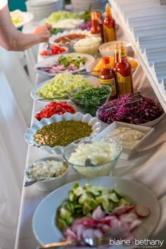 a long table filled with lots of different types of salads and condiments