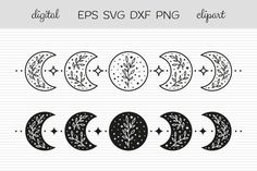 four phases of the moon with stars and leaves on them, in black and white