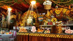 an image of a restaurant setting with sunflowers on the ceiling and decorations hanging from the ceiling