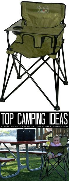 the top camping chair is sitting next to a picnic table with a baby in it