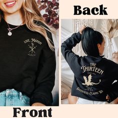 the back and front of a black sweatshirt