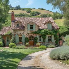 a stone house with green shutters and ivy growing on it's roof is shown