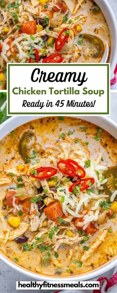 creamy chicken tortilla soup in a white bowl