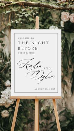 an easel with a sign that says, welcome to the night before celebrating together