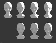 an animation character's head is shown in various positions and sizes, including the upper half