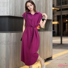 Classically Conceived Wrap Dress with Waist Wrapping Effect Casual Purple Midi Dress For Work, Purple Summer Dresses For Work, Fashion Wear, Types Of Skirts, Polo Collar, Cinched Waist, A Line Skirt, Types Of Collars, Wrap Style