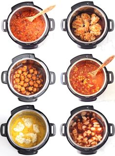 six pots filled with different types of food