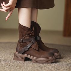 Lasaky - Genuine Leather Thick-soled Martin Boots with Chunky Heels, Round Toe Motorcycle Boots, Riding Ankle Boots Rough Heels, Rope Belt, Martin Boots, Brown Ankle Boots, Motorcycle Boots, Heeled Ankle Boots, Chunky Heels, Belt Buckles, Heeled Boots