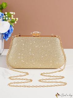 BirdinBag - Party-ready Evening Clutch Bag with Gold Rhinestone Embellishments Gold Sparkling Evening Bag For Party, Glamorous Embellished Bags For Prom, Embellished Party Clutch Bag, Embellished Clutch Bags For Prom, Elegant Glitter Shoulder Bag For Party, Party Handheld Embellished Bags, Elegant Embellished Bags For Party Season, Gold Rhinestone Shoulder Bag For Party, Embellished Evening Bags For Party Season