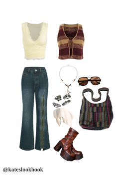 70s Earthy Outfits, Hippie Outfits Aesthetic 70s, 70s Earth Tones Outfit, 70s School Outfits, Subtle Hippie Outfit, Hippe Outfit 70s, Hippe Outfit Aesthetic 70s, Brown 70s Outfit, Fitted 70s Inspired Tops For Summer