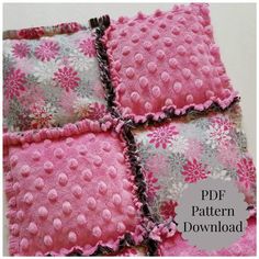 four pink and gray square pillows on top of each other with the words free pattern below