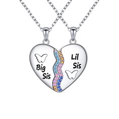 PRICES MAY VARY. 💕【Sisters Gifts from Sister】Having a sister is like having a best friend you can’t get rid of. These matching heart sister necklaces for 2 features butterfly with colorful cubic zirconia. Wherever we go, sisters' hearts are always together. 💕【MATERIAL】Real 925 sterling silver, engraved with “S925” , which is nickel-free, lead-free and hypoallergenic. Great gifts for sisters. 💕【SIZE】The big sis little sis necklace includes 2 necklaces, both necklaces' lengh chain are all 16+2 Matching Necklaces For Sisters, Sister Necklace For 2, Silver Double Heart Necklaces For Friendship, Silver Heart Charm Necklace For Friendship, Silver Double Heart Necklace For Friendship, Silver Heart Necklace For Friendship, Silver Heart Pendant Jewelry For Friendship, Valentine's Day Silver Necklace, Silver Heart Pendant Jewelry For Best Friend