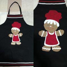 two black aprons with red and white designs on them, one in the shape of a ginger