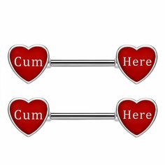 two red heart shaped metal barbells with the words cum here on them in silver