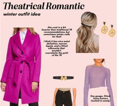 an advertisement for a women's clothing line with the words, theatrical romantic winter outfit idea