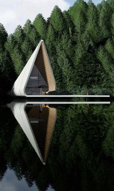 a triangular shaped building sitting in the middle of a forest next to a body of water