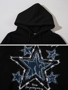 a black hoodie with blue and white stars on it