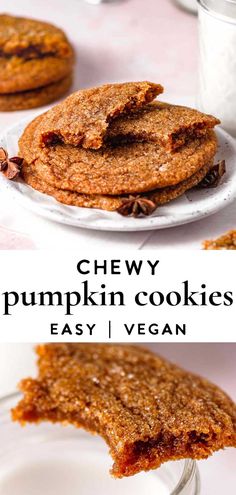 chewy pumpkin cookies are stacked on top of each other and ready to be eaten