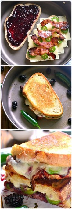 three different views of sandwiches with fruit on the side, and in between them are blackberries