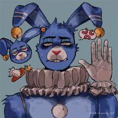 a drawing of a blue bunny with many other items around it's neck and hands