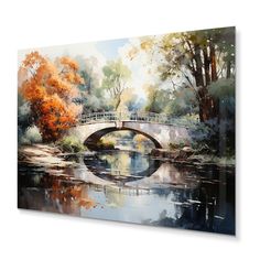 a painting of a bridge over a river with trees and leaves on the other side