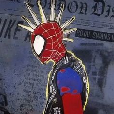 a spider - man is standing in front of a newspaper advertisement