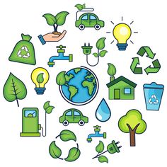 the earth surrounded by green eco icons and symbols, such as trees, houses, cars, water pumps, wind turbines, recyclens and more