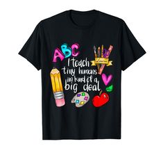 a black t - shirt with the words abc teach and school supplies