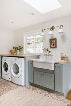 a washer and dryer in a very large room