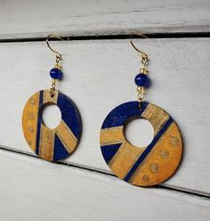 Blue and Gold Modern Art Earrings - Etsy Artsy Blue Earrings For Party, Unique Blue Earrings For Everyday, Artsy Blue Jewelry For Party, Unique Blue Everyday Earrings, Artisan Blue Earrings With Artistic Design, Handmade Artistic Blue Earrings, Blue Hand Painted Dangle Jewelry, Modern Blue Brass Earrings, Artistic Hand-painted Blue Earrings