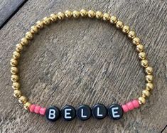 Gold Beaded Bracelets With 8mm Beads For Birthday, Gold Personalized Spiritual Beaded Bracelets, Inspirational Gold Name Bracelet With Round Beads, Personalized Inspirational Gold Stretch Bracelet, Bracelets Etsy, Bracelets Beaded, Stacking Bracelets, Hematite Beads, Letter Beads