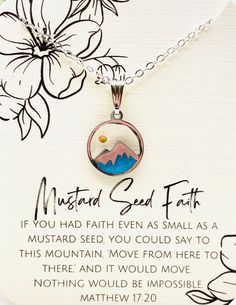 "This beautiful Mountain mustard seed necklace is perfect for any occasion!  Share your faith and the love of God everywhere you go! These beautiful handmade resin jewelry pieces make the perfect gift for your best friend, mom, sister, or just a reminder of your own inner beauty and faith.  Necklace is handmade with resin, mustard seeds, and your choice of either silver plated or sterling silver necklace chain.  Necklace Length: 18 or 20 inches long  CHOICES OF CHAIN MATERIAL: 1. 18\" (inch) Silver plated chain (This option is featured in photos) 2. 20\" (inch) Silver plated chain 3. 18\" (inch) Sterling Silver chain 4. 20\" (inch) Sterling Silver chain Please contact me if you have any questions or requests. Due to the handmade nature of the resin process no two necklaces will ever be exa Christian Resin Ideas, Mountain Mustard, Sister In Christ, Mustard Seed Jewelry, Mustard Seed Faith, Mustard Seed Necklace, Seed Necklace, Silver Necklace Chain, Mountain Jewelry