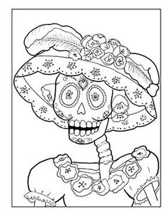 a coloring page with a skeleton wearing a hat and holding a game controller in her hand