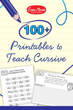 the book cover for 100 printables to teach cursive