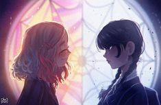 two anime characters looking at each other in front of a stained glass window with light coming through