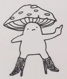 a drawing of a person with a mushroom on their head and legs in the air