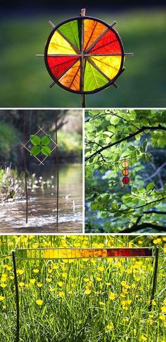 four different pictures with flowers and grass in the foreground, one has a wind chime on it