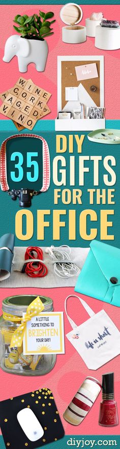 the cover of 35 diy gifts for the office, with various items on it