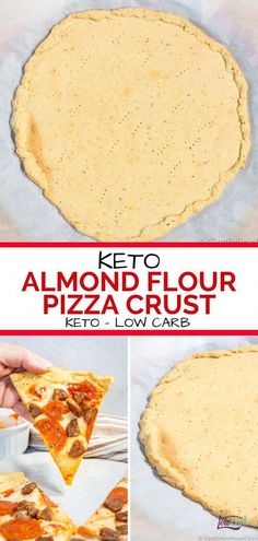 the process to make an almond flour pizza crust is shown in three different pictures, including one being cut into slices