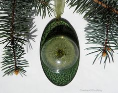 a green glass ornament hanging from a pine tree