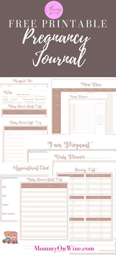 the free printable pregnancy journal is shown in pink and brown with text overlay