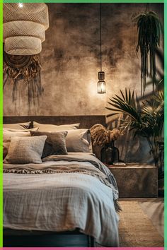 a large bed sitting in a bedroom next to a green framed wall and potted plants