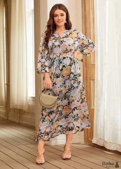 Try this Boho Plus Size Lunette Maxi Dress For Women this season! Floral print V-cutout at neck High wide elasticised/shirred waist Cropped length sleeves Cropped maxi/midi length (depending on height) Cold gentle hand wash recommended Fabric: Polyester SIZING GUIDE: Model wears Size 1XL, her approximate measurements are: Height: 173 cm, Bust: 104 cm , Waist: 80 cm, Hips: 110 cm PRODUCT MEASUREMENTS Size (CM) Shoulder Length Sleeve Length Waist Size Cuff 0XL 43.5 132.5/128 44.7 80 33.5 1XL 45 13 Plus Size Boho Clothing, Plus Size Fall Outfits Casual, Plisse Dress, Boho Plus Size, Plus Size Fall Outfit, Plus Size Fall Fashion, Trendy Plus Size Fashion, Chubby Fashion, Maxi Dress For Women