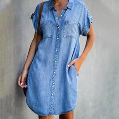 Floenr Women's Dresses has an cute, comfortable design,make you smile knowing you look as good as you feel.High quality fabric make it suitable from work to weekend,Floenr Dress is the perfect pick for a day of fun in the sun. Size: 10;12;14;16;18.  Color: Blue.  Gender: female.  Age Group: adult. Denim Shirt Dress Women, Short Sleeve Denim Dress, Denim Dress Summer, Denim Short Dresses, Moda Jeans, Jean Dress, Summer Denim, Sophisticated Dress, Jeans Casual