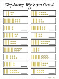 the mystery picture card is shown with numbers and letters in yellow, black and white