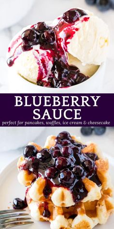 blueberry sauce on top of waffles with ice cream