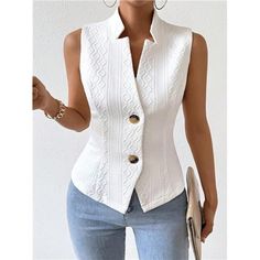 Add A Touch Of Sophistication To Your Business Casual Wardrobe With This White Asymmetrical Button Vest. Its Modern Design, Featuring A Distinctive Asymmetrical Button Placket, Enhances Any Outfit With A Refined Edge. The Vest Offers A Slight Stretch For Added Comfort, Making It Ideal For Spring And Fall. Sleek And Easy To Care For, It’s The Perfect Piece To Elevate Your Professional Look. Fitted Tops With Side Buttons For Spring, Dressy Clothes, Chique Outfit, Sleeveless Blazer, Celebrity Design, Chic Outfit, Suit Vest, White Sleeveless, Sleeveless Vest