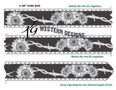 Sunflowers and barbwire leather tooling repeating design belt pattern. Comes in 1.5" wide strap, and 1.75" (1&3/4") wide strap.  Great for belts, purse straps, dog collars, leashes, bracelets, etc.. What you are buying> * 1 pdf file, which includes both *1.5" wide strap. * 1.75" wide strap. ready for immediate download once checkout is complete. You are buying the digital file, not the physical product.  Purchased files are clear and high quality. Sample pictures are only blurry to prevent theft Leather Tooling Belt Patterns, Western Leather Belt Patterns, Leather Sunflower Pattern, Skull Tooled Leather Belts Pattern, Tooled Leather Sunflower Pattern, Daisy Leather Tooling Pattern, Belt Patterns, Belt Pattern, Leather Diy Crafts